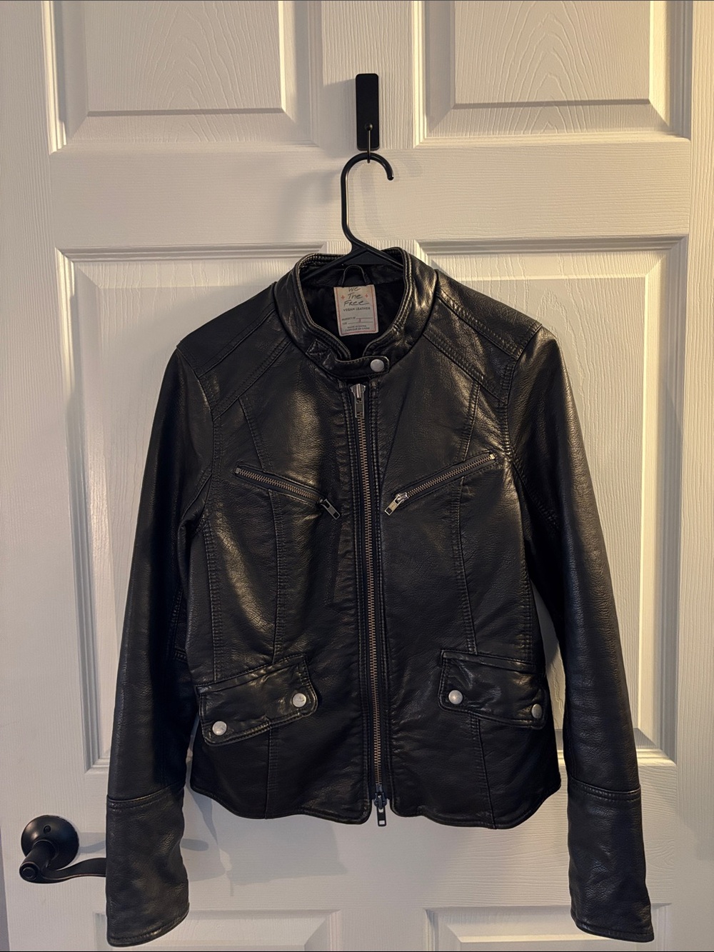 We The Free Black Leather Biker Jacket with Zip Details